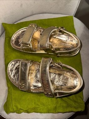 Tory Burch Metallic Gold Leather Velcro Strap Sandals